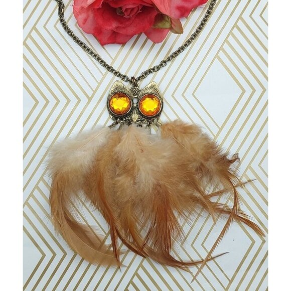 Unique OWL Necklace Brown Feather Body Amber Color Crystal Eyes Gold Tone Chain - Picture 1 of 7